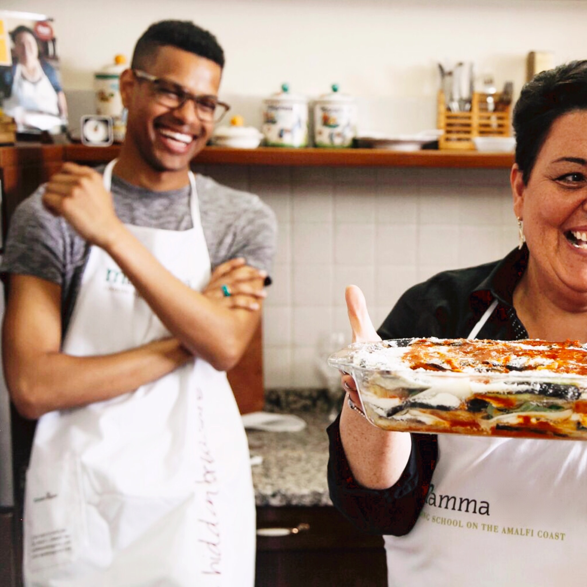 Dipaways founder Dricks Everette with Chiara at Mamma Agata's Cooking School (Amalfi Coast, Italy)